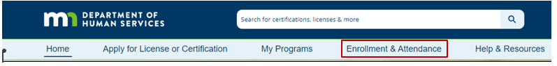 Provider Hub Navigation bar tabs: Home, Apply for License or Certification, My Programs, Enrollment and Attendance, Help & Resources.