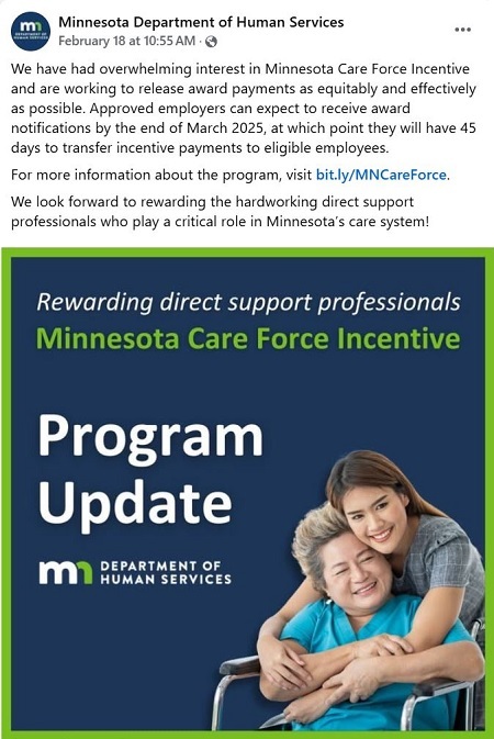 Minnesota Care Force Incentive program update posted to Facebook