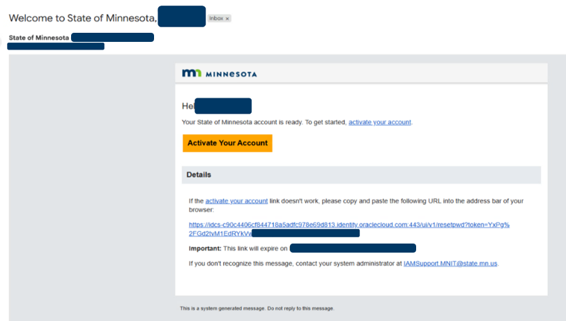 Screenshot of Provider Hub account activation email