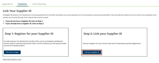 Screenshot of Supplier ID page in the Great Start Compensation feature