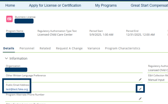 Screenshot of Public Email Address field on Business License page