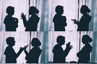 tiled images of two people talking in shadows