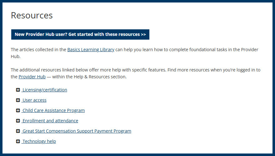 Screenshot of the Resources section on the public Provider Hub webpage