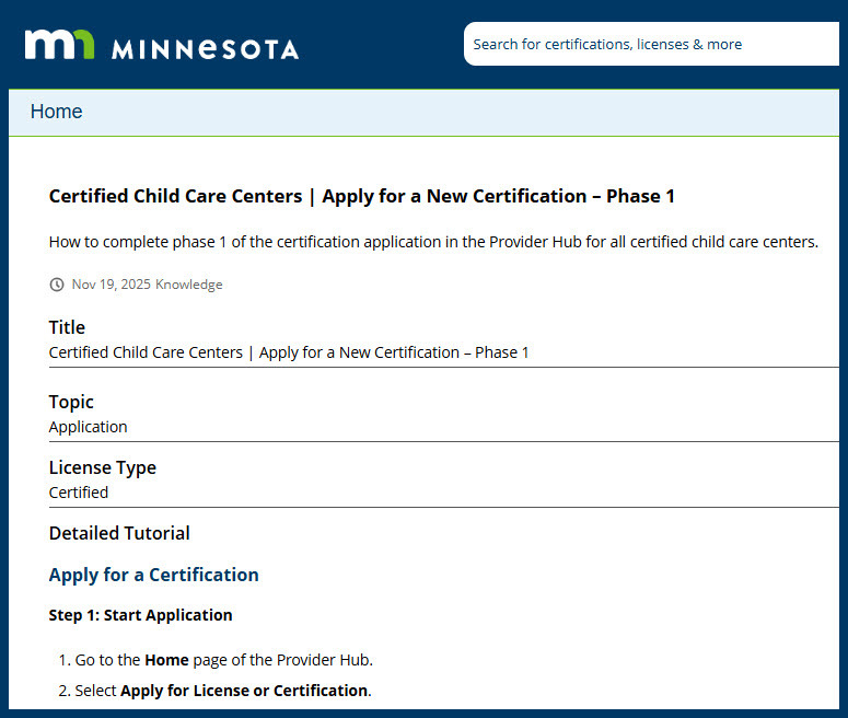Screenshot of the Apply for a New Certification — Phase 1 article for certified child care centers