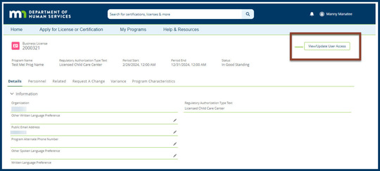 Screenshot of an example Business License page with a box around the View/Update User Access button