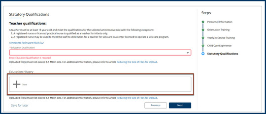 Screenshot of the Statutory Qualifications page with a box around the +New button, illustrating how to add a new education entry
