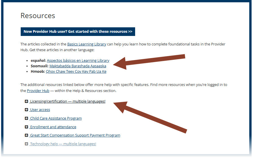 Screenshot of the Resources section on the Provider Hub webpage with arrows pointing toward the basics articles and the EIDBI licensing articles
