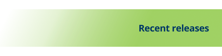 Graphic with navy blue text "Recent releases" on a green background