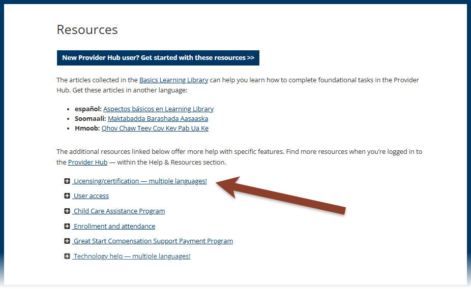 Screenshot of the resources section on the Provider Hub webpage