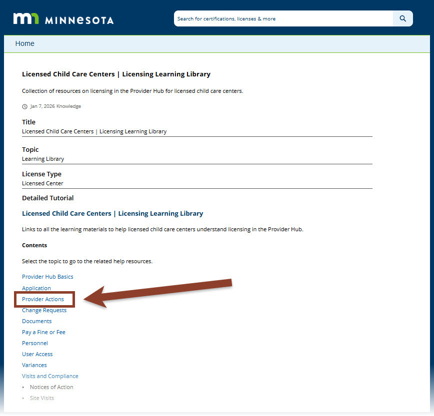 Screenshot of the learning library for licensed child care centers with an arrow pointing toward the "Provider Actions" link