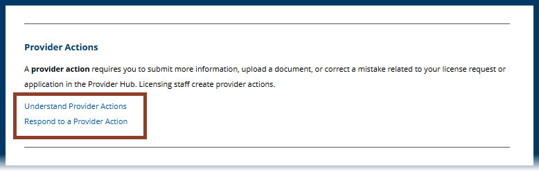 Screenshot of the provider actions section of the licensing learning library for licensed child care centers