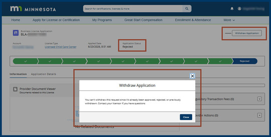 Screenshot of the error message providers will get if they try to withdraw a business license application their licensor has already rejected