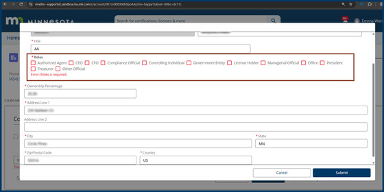 Screenshot of the error message displayed if trying to submit a controlling individual change request without selecting a role