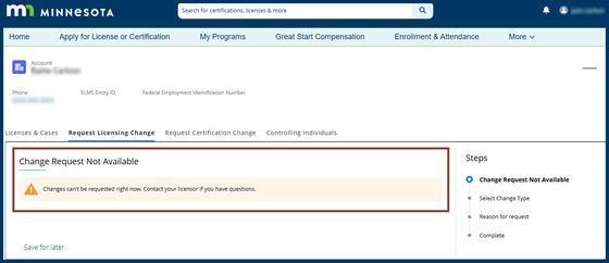 Screenshot of the warning message displayed if trying to submit an account-level change request when all BLs are ineligible