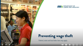 Screenshot of wage theft video with text, "How to prevent wage theft"