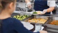 Over-the-shoulder view of a child waiting in line while a worker serves a healthy hot lunch on a plate. 
