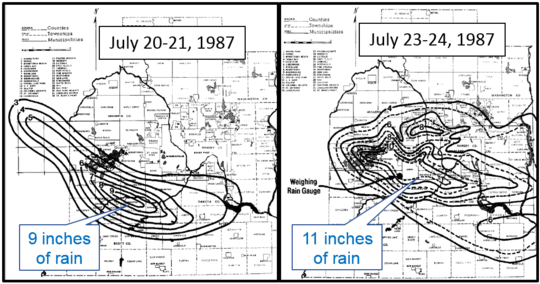 Maps showing area of storms with up to 9" July 20-21 and 11" July 23-24, 1987 in western Twin Cities 