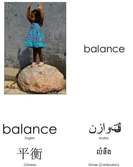 girl balancing on rock and text in background translates the word balance in multiple languages