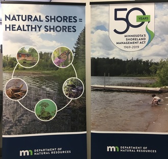 Banner with Shoreland Management 50th icon & Natural Shores = Healthy Shores with butterfly, fish, cabin, turtle and loon photos 