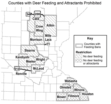 map of two areas in Minnesota where feeding is not allowed -- central and southeastern