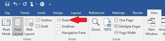 Screen shot of Word document with the ruler box checked.