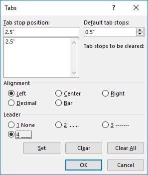 Screen shot of tabs dialogue box.