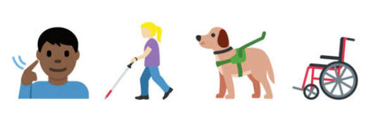 Disability emojis featuring a deaf man, a woman with a probing cane, a guide dog and a manual wheelchair.