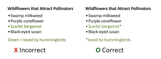 Two wildflower lists. One uses only color to highlight which ones hummingbirds love. The other uses color and an asterisk.