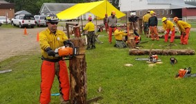 A photo of a man cutting a log with a chain saw