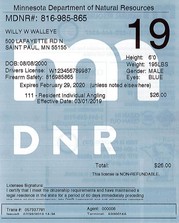 fishing license with DNR logo, 19, to Willy W Walleye and all the license text and signature line