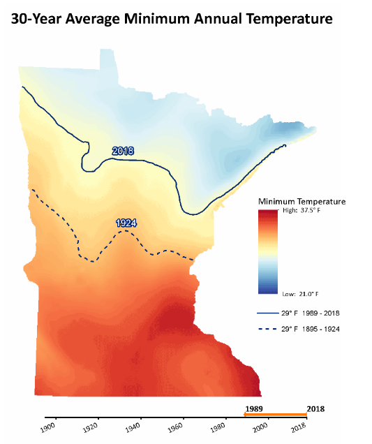 Minnesota map of shift in average temperature over historic climate record