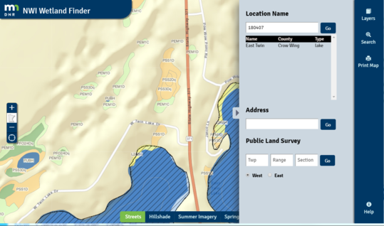 Example clip showing NWI mapping and public waters (with the cross-hatching)