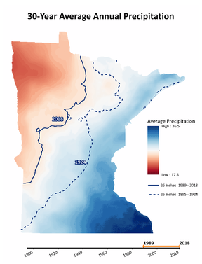 MN map - 36" in SE ranging to 17.5" in NW.  26" line for 1989-2018 has shifted west vs 26" line for 1895-1924