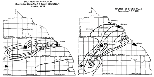 1978 rainfall distribution in Rochester area.  6-7" band in July and 7-8" band in September.