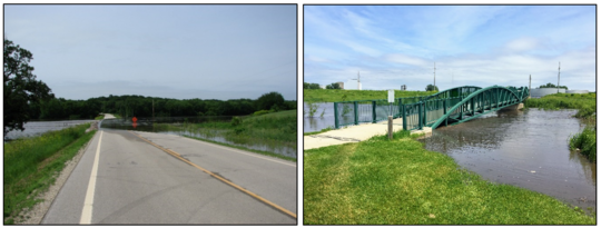 Left: Floodwaters crossing roadway.  Right: Floodwaters at bottom of pedestrian bridge.