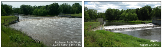 Lots of water in June 28, 2019 photo on left, and much less during baseflow on August 22, 2019