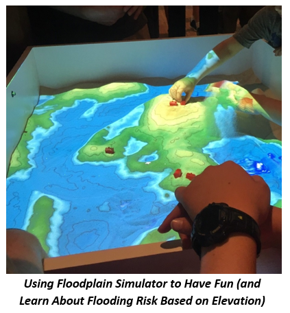 Close up of the floodplain simulator being used at fair to show flood risk relative to elevation