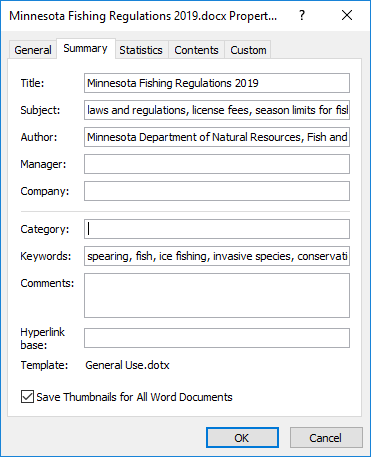 screenshot of document properties with title, subject, author and keywords filled out.