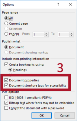 Screen shot of options menu with the selections document properties and document structure tags for accessibility checked.