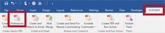 Screen shot of Word document with Acrobat tab open and Preferences button highlighted