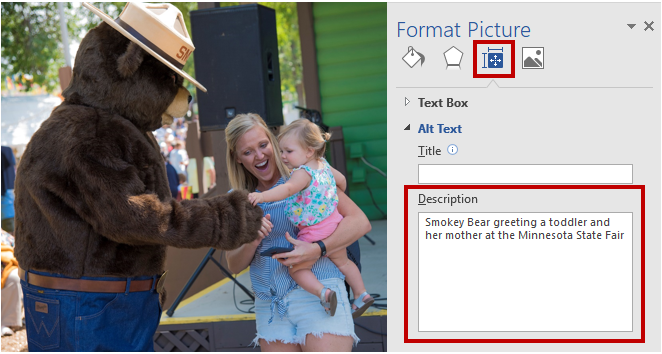 Screen shot of photo with alt text description box filled out in Word