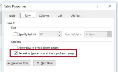 Screen shot of Table Properties with Repeat Header Row checked