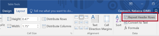 Screen shot of open Layout tab with Repeat Header Row selected