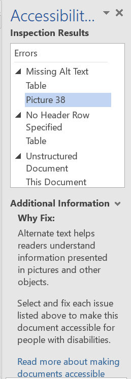 Screen shot of accessibility checker results in Word