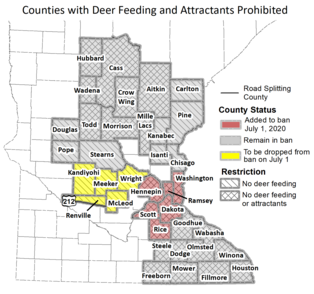 Map of Minnesota counties under a feeding and/or attractant ban