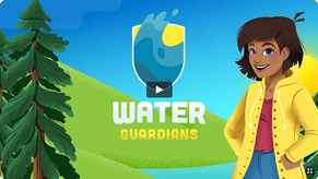 Clip of Water Guardians video with logo, trees and girl in raincoat