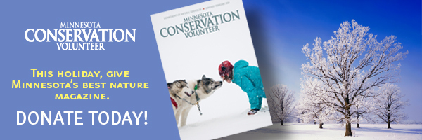 Snowy landscape and Minnesota Conservation Volunteer magazine cover. Text: "This holiday, give Minnesota's best nature magazine. Donate today!"