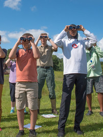 Group of visitors lined up, looking through binoculars