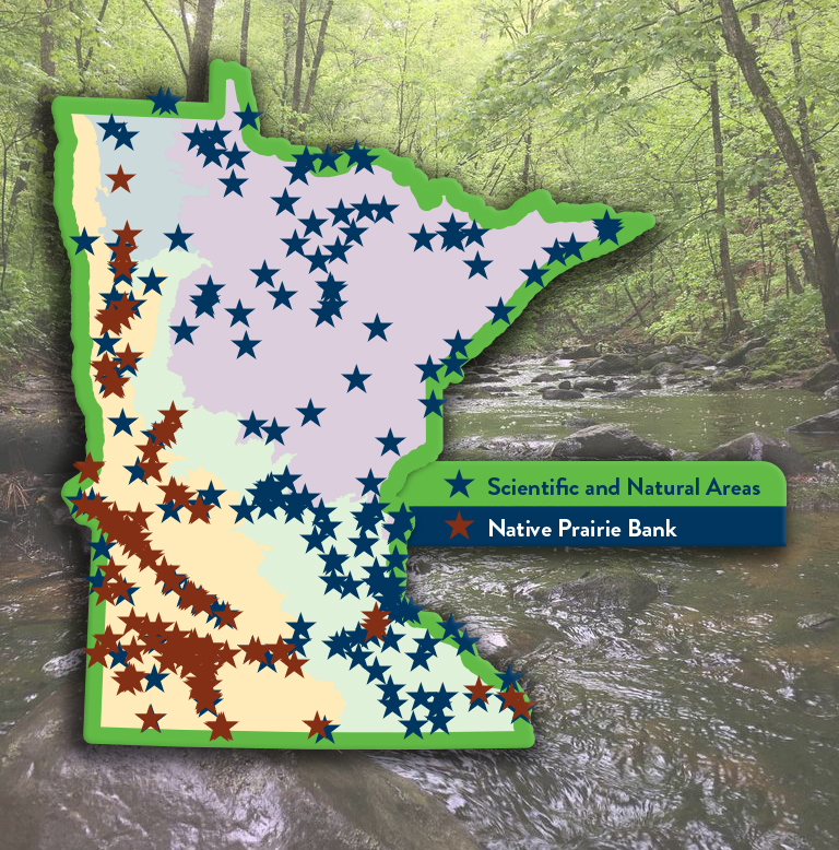 Map showing the coverage of all SNAs and Native Prairie Banks in Minnesota.