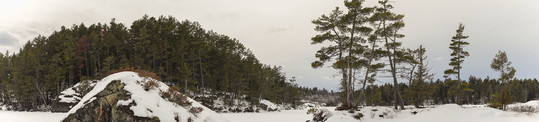 A panorama of a snowy Burntside Islands SNA. The SNA consists of a handful of small undeveloped islands.